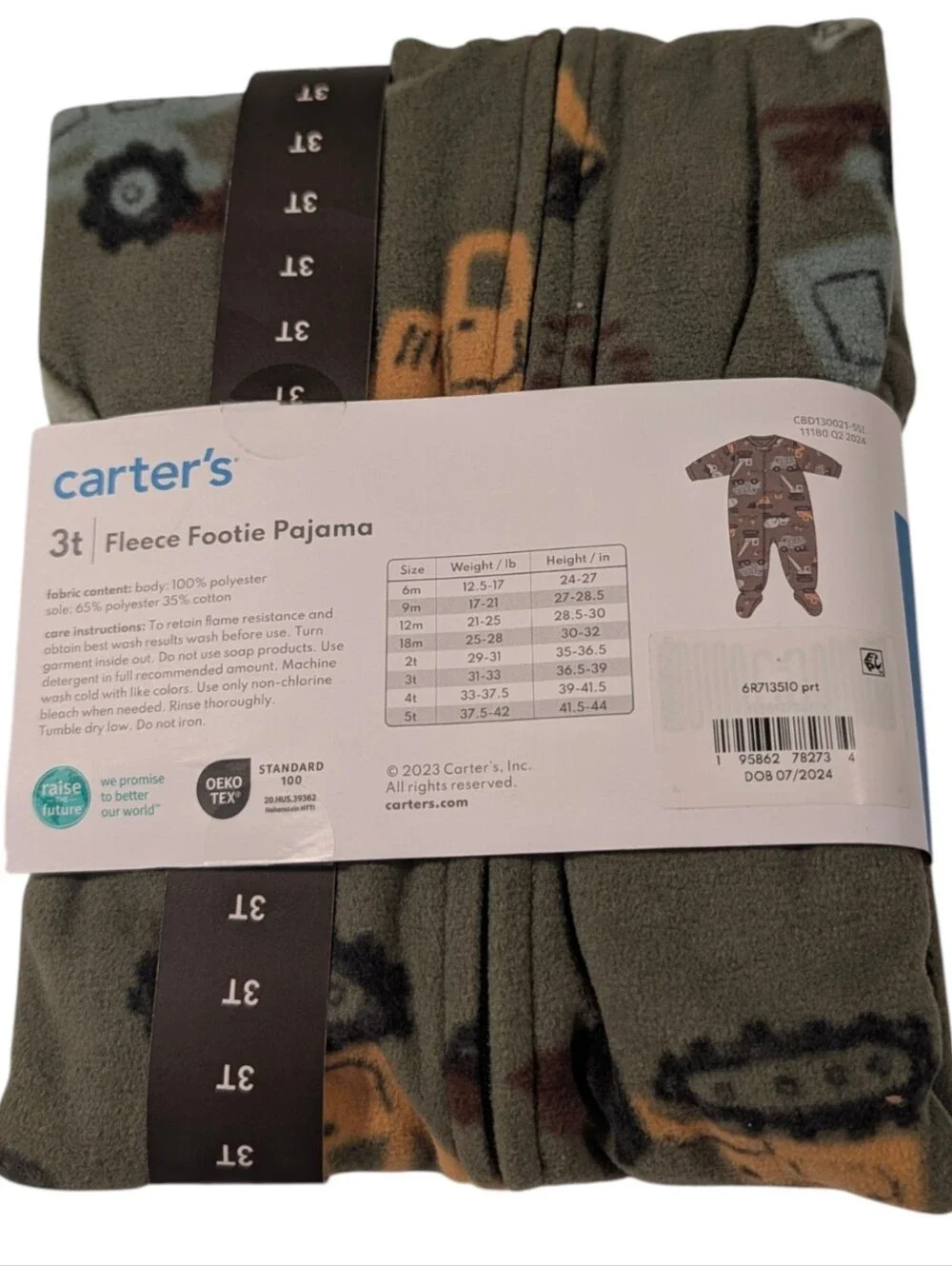 Carter's Fleece Footed Pajama with Construction Vehicles Print Size 3T